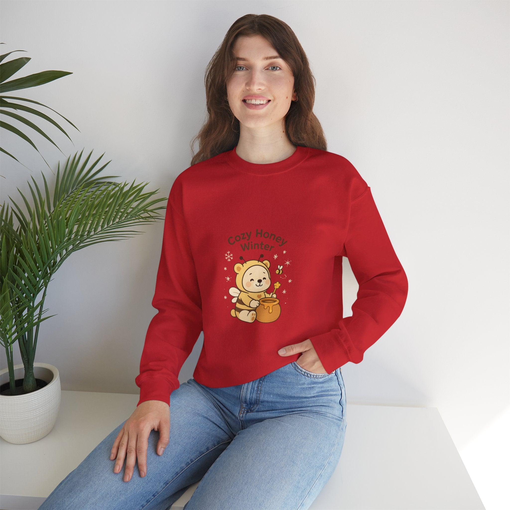 Crewneck Sweatshirt — "Cozy Honey Winter" Cute Bear with Honey Pot