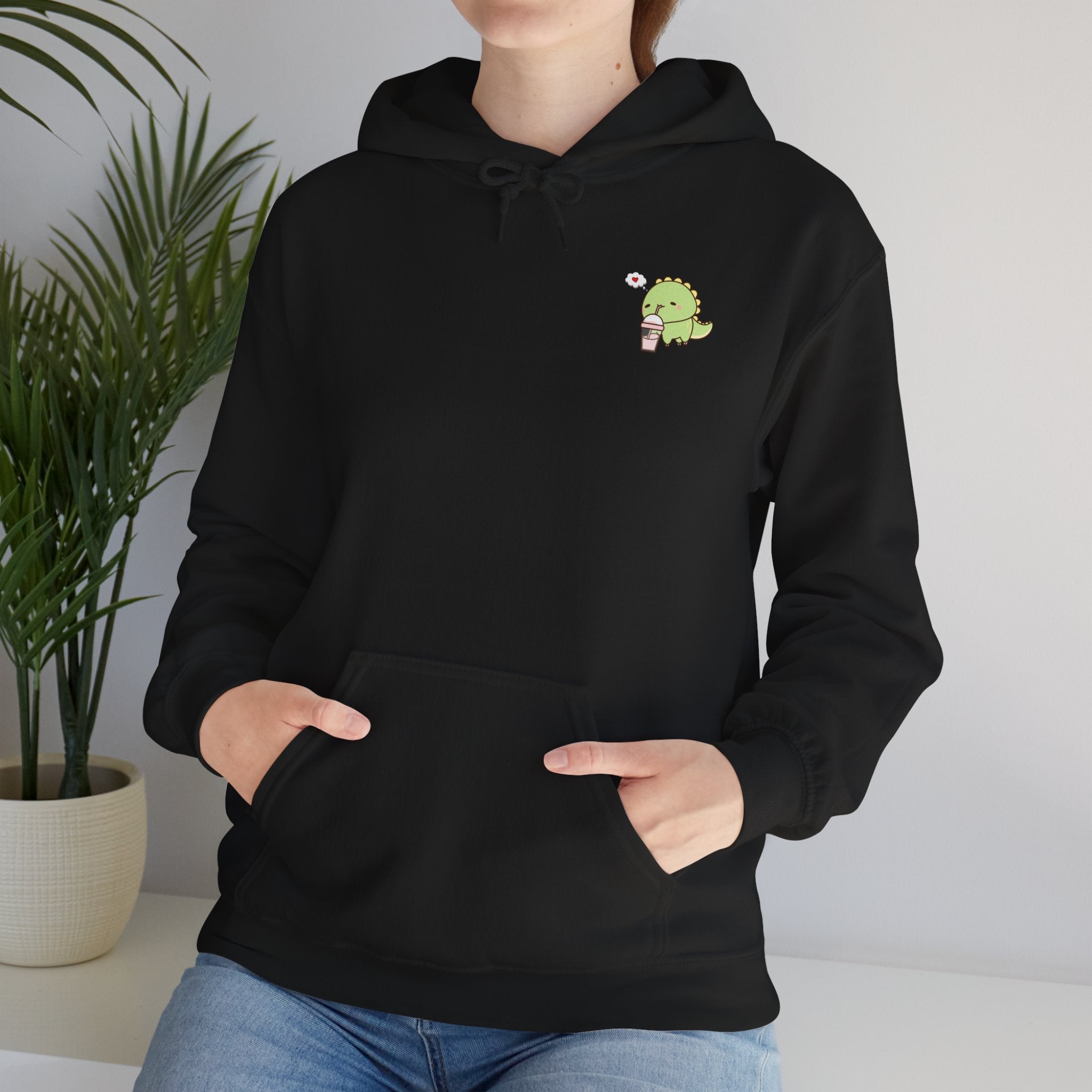 Cute Green dinosaur Pocket Hoodie — Minimal Kawaii dinosaur Design