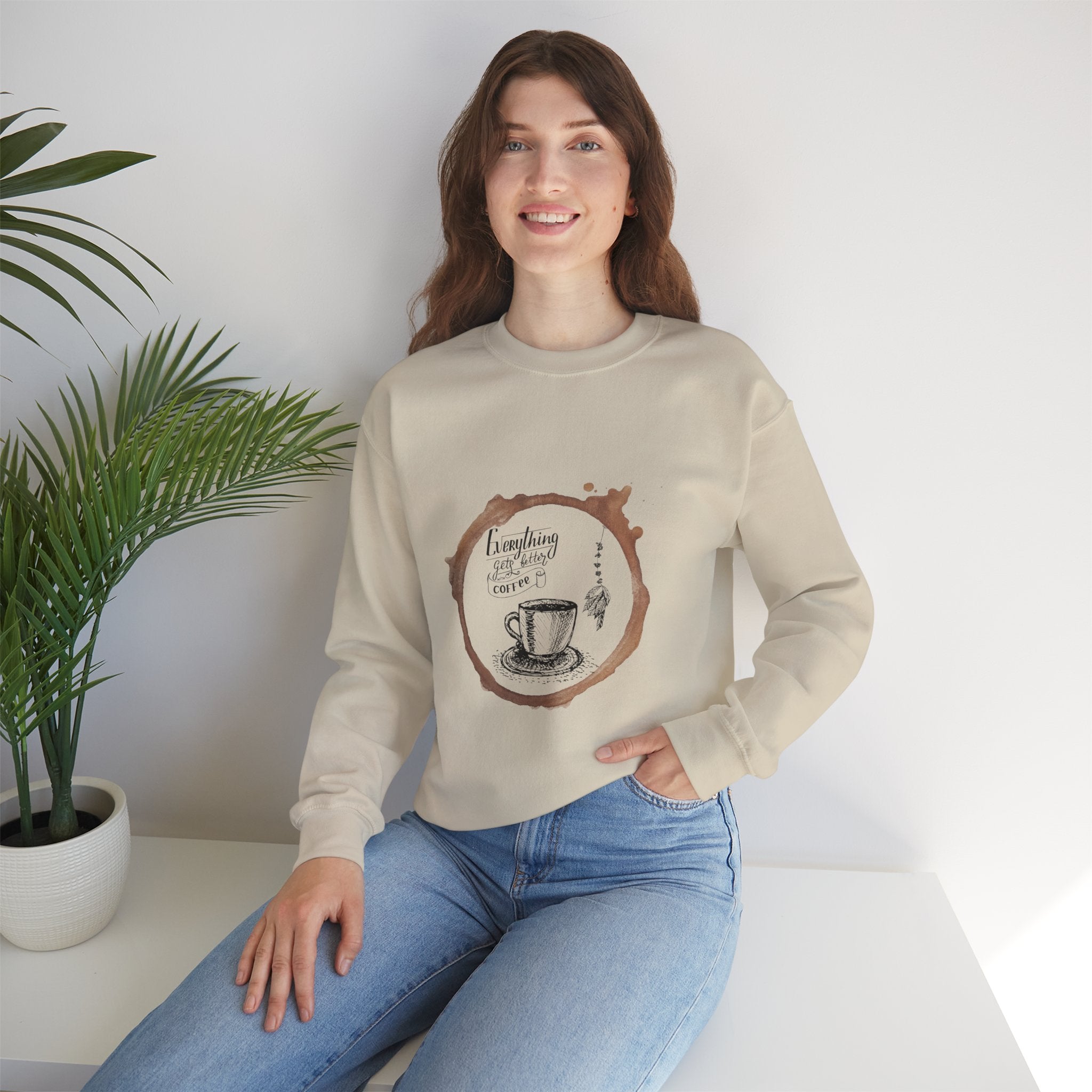 Coffee Lovers Sweatshirt — "Everything I Need Is Coffee" Cream Crewneck