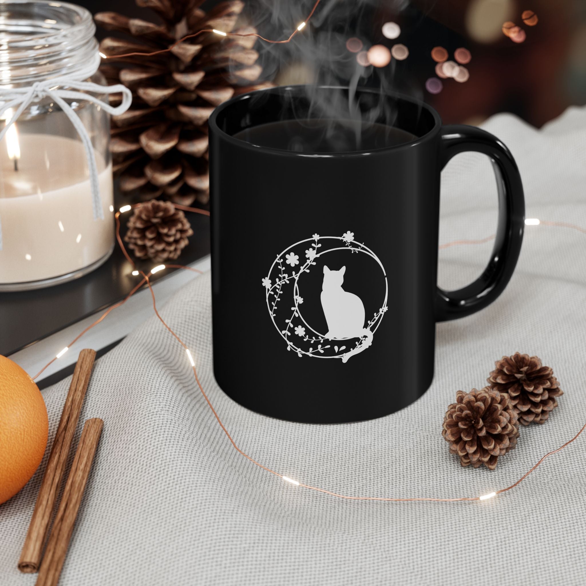 Black Cat Silhouette Mug – White Floral Wreath Coffee Cup