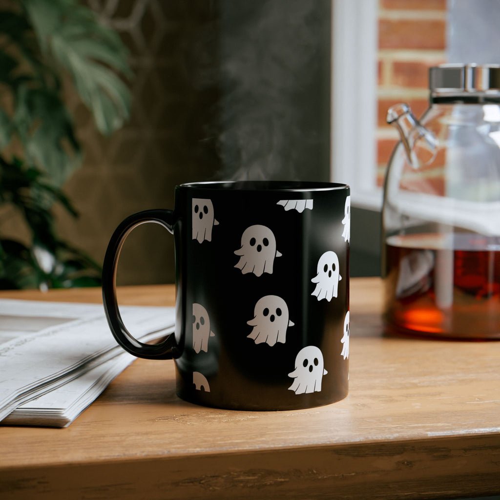 Cute Ghost Pattern Black Mug — Halloween Coffee Cup
