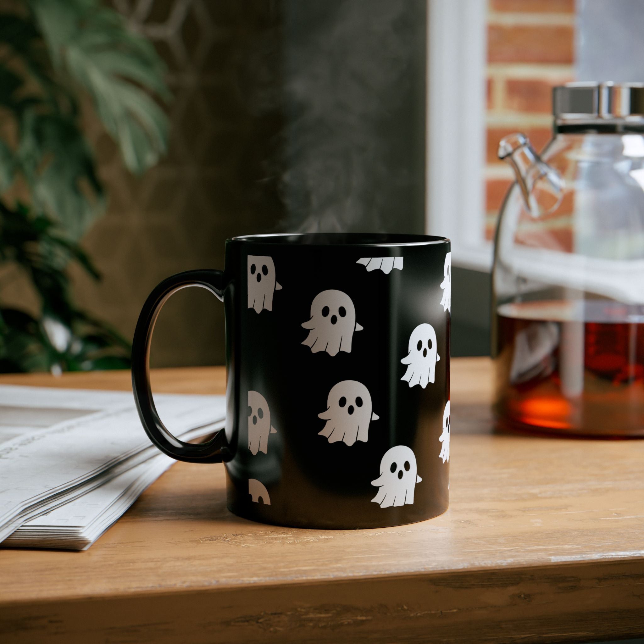 Cute Ghost Pattern Black Mug — Halloween Coffee Cup