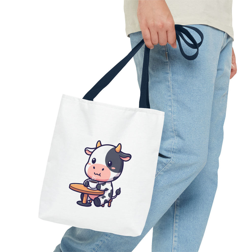 Cute Cow Sitting at Table Tote Bag — Kawaii Farm Animal AOP Tote
