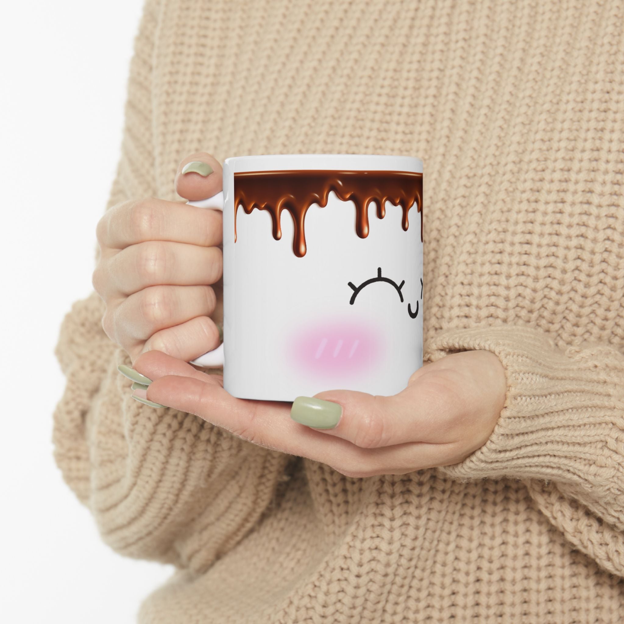 Cute Chocolate Drip Ceramic Mug – Kawaii Smiling Face Coffee Cup