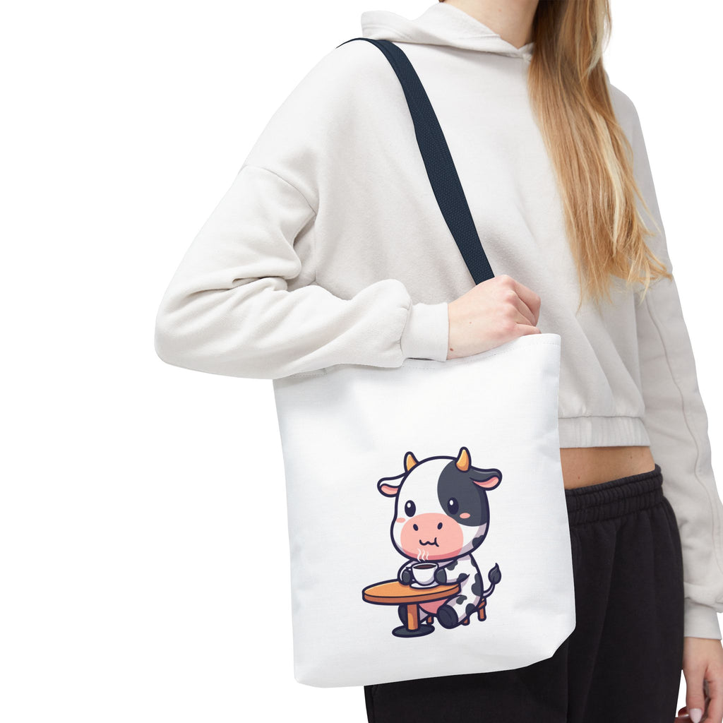 Cute Cow Sitting at Table Tote Bag — Kawaii Farm Animal AOP Tote