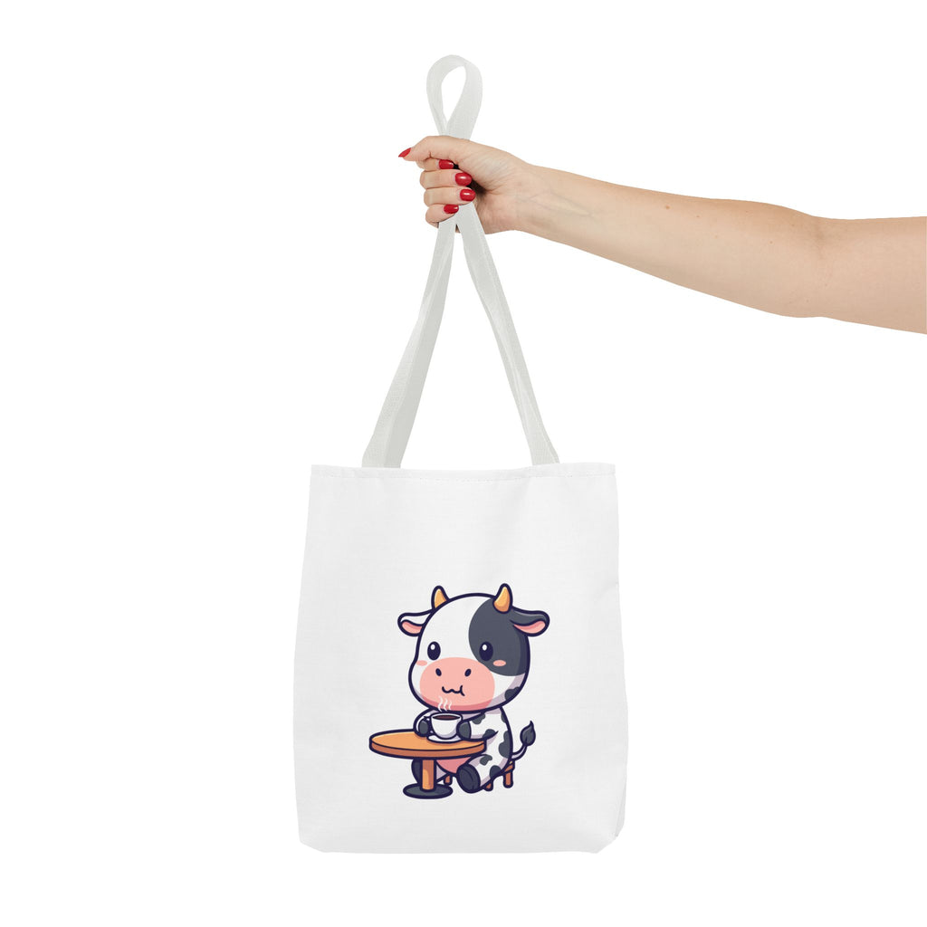 Cute Cow Sitting at Table Tote Bag — Kawaii Farm Animal AOP Tote