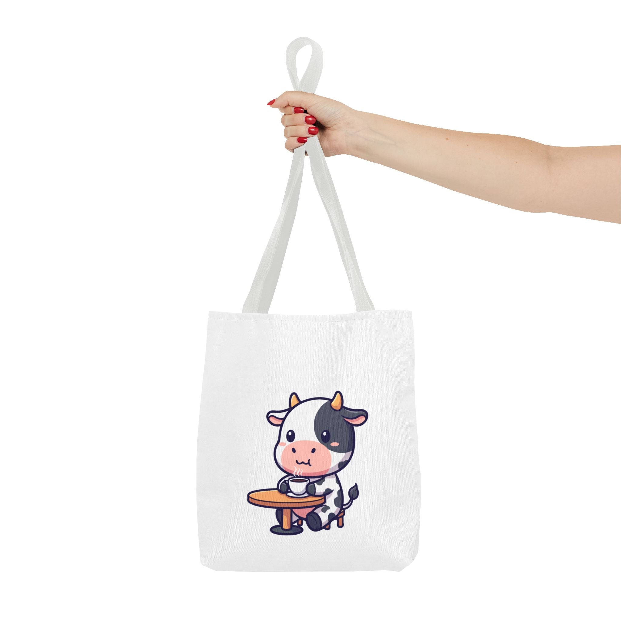 Cute Cow Sitting at Table Tote Bag — Kawaii Farm Animal AOP Tote