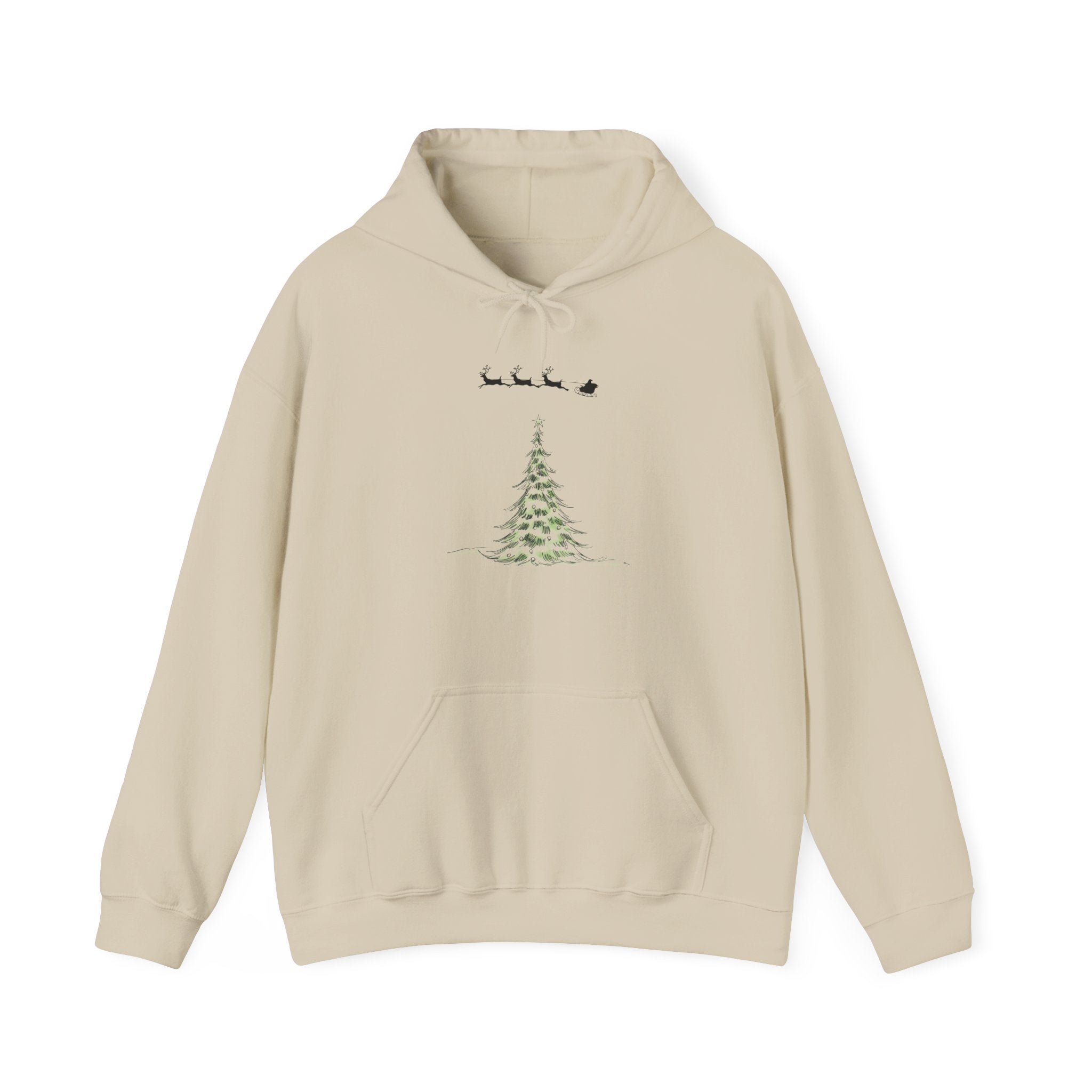 Christmas Tree Hoodie — Minimal Holiday Sweatshirt with Santa Sleigh Design