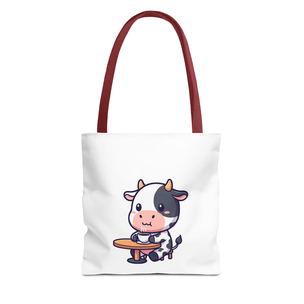 Cute Cow Sitting at Table Tote Bag — Kawaii Farm Animal AOP Tote