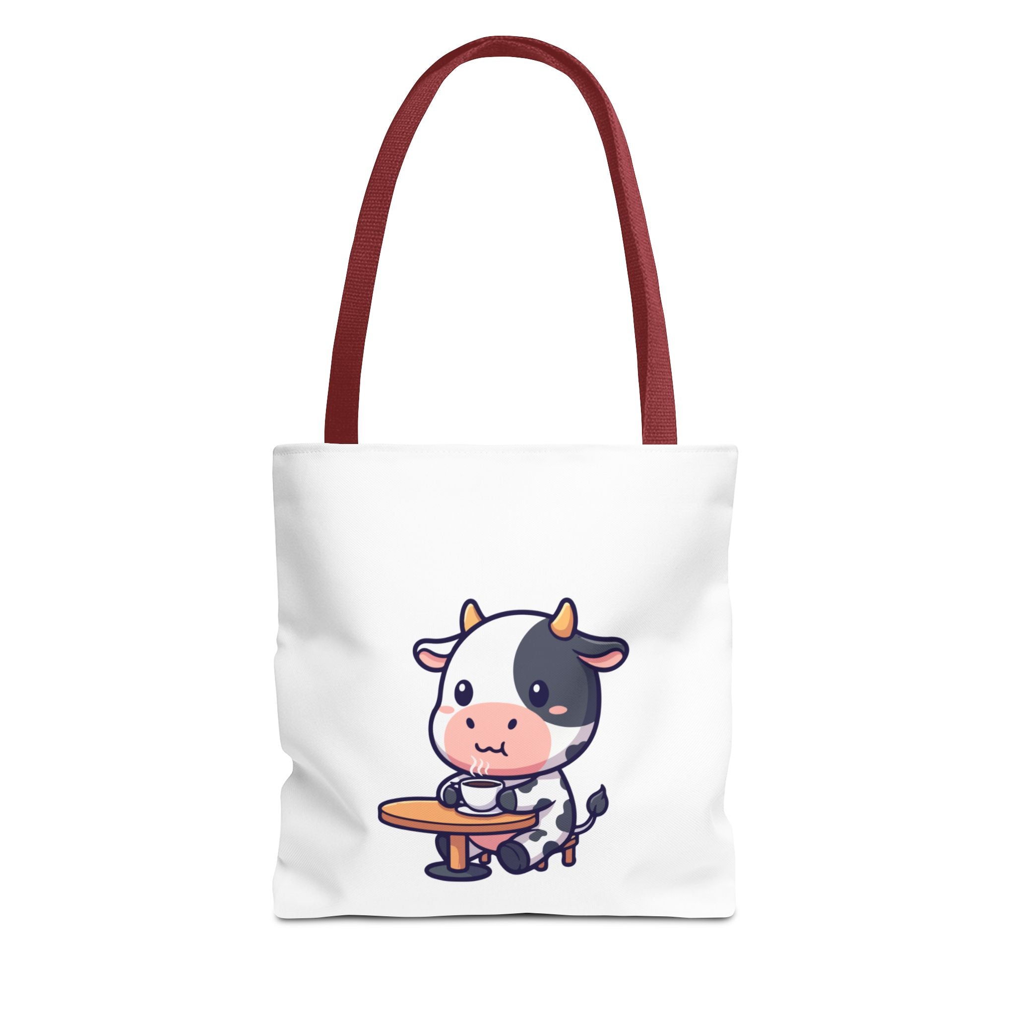 Cute Cow Sitting at Table Tote Bag — Kawaii Farm Animal AOP Tote