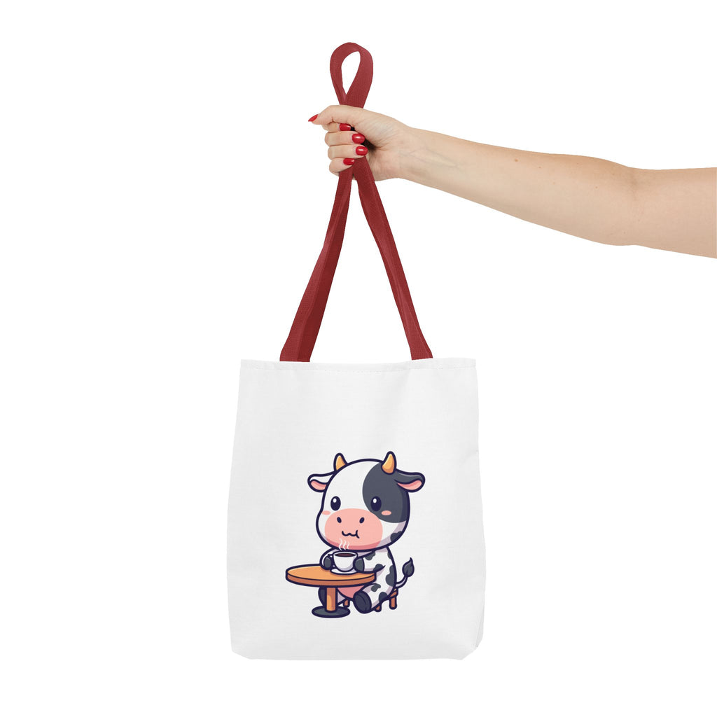 Cute Cow Sitting at Table Tote Bag — Kawaii Farm Animal AOP Tote