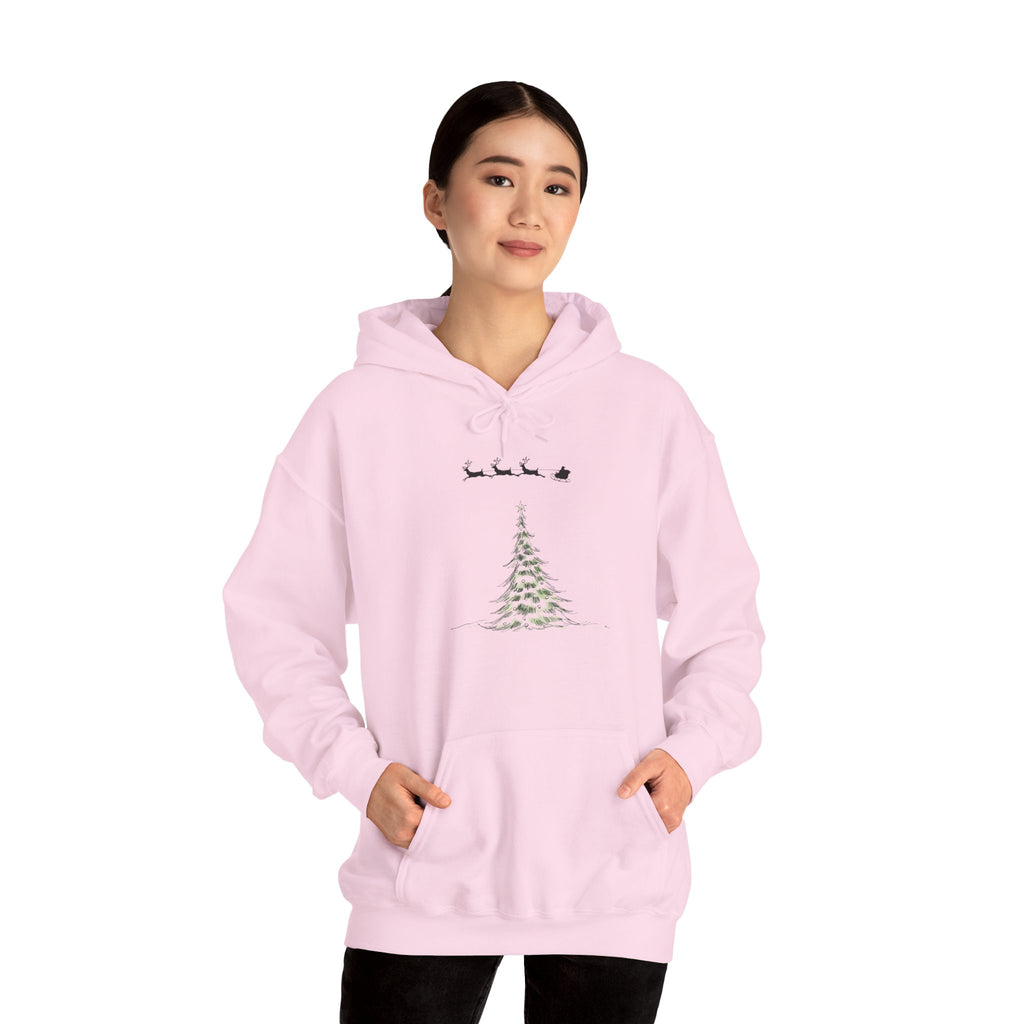 Christmas Tree Hoodie — Minimal Holiday Sweatshirt with Santa Sleigh Design