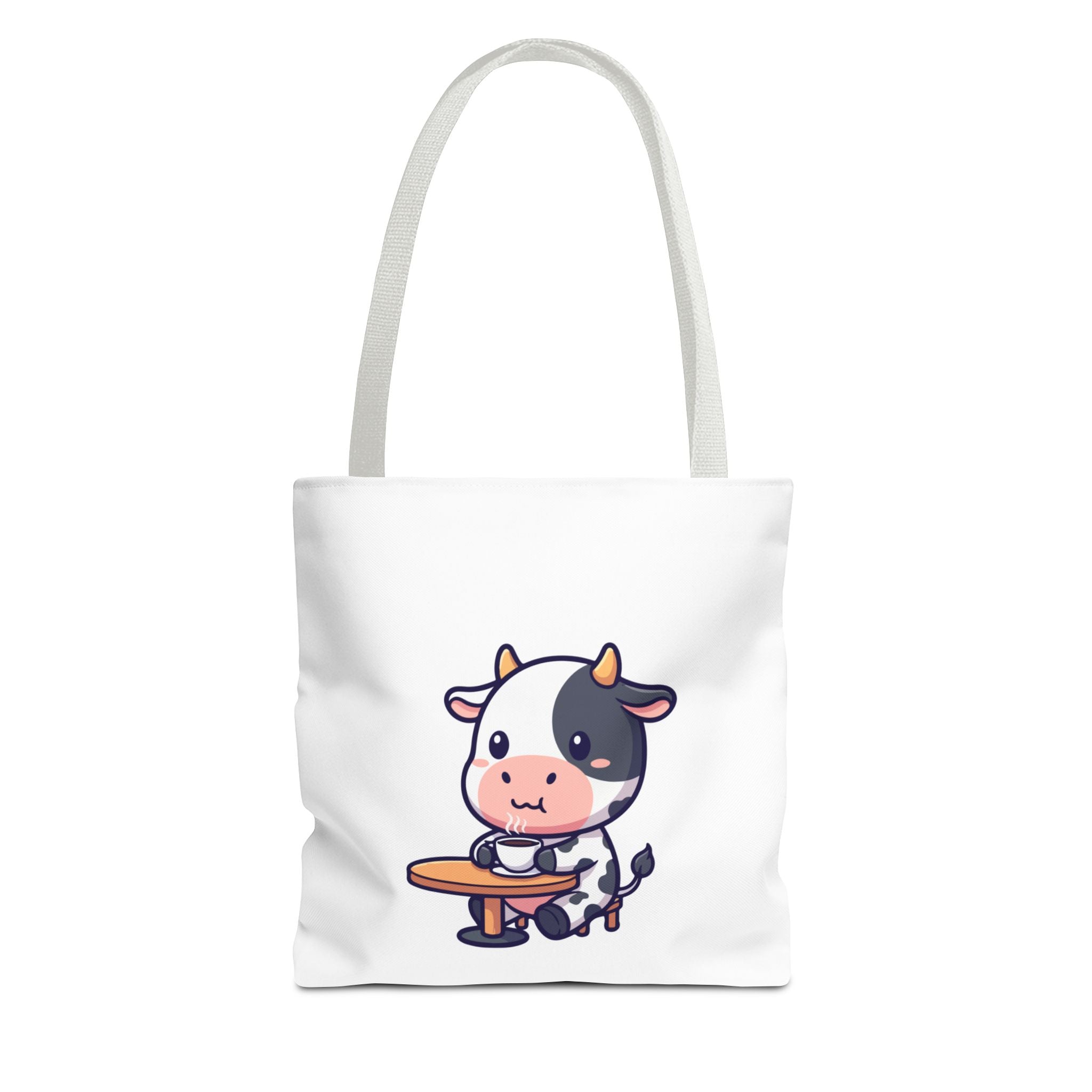 Cute Cow Sitting at Table Tote Bag — Kawaii Farm Animal AOP Tote