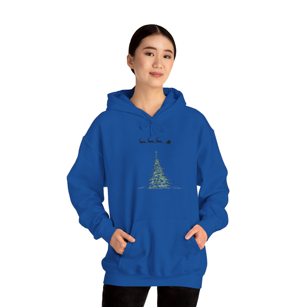 Christmas Tree Hoodie — Minimal Holiday Sweatshirt with Santa Sleigh Design