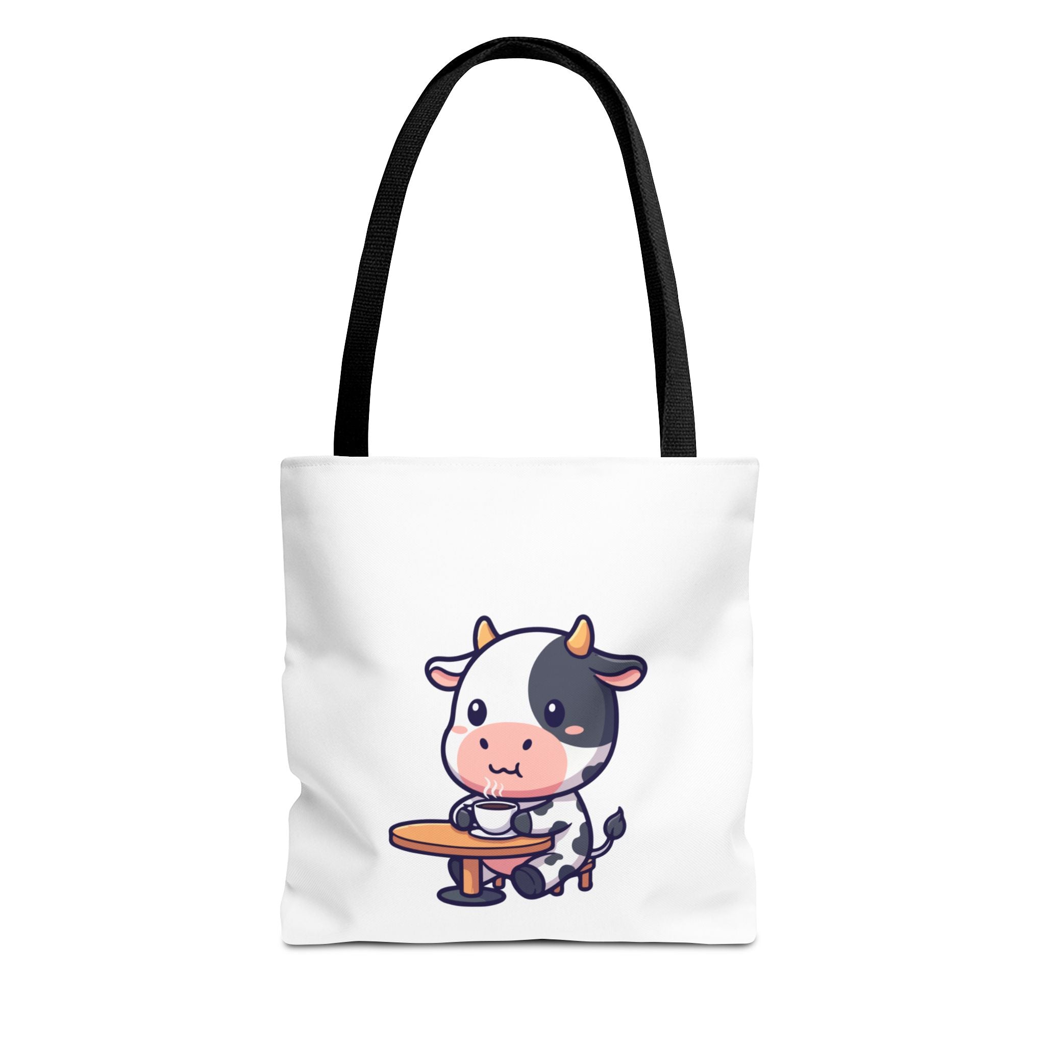 Cute Cow Sitting at Table Tote Bag — Kawaii Farm Animal AOP Tote