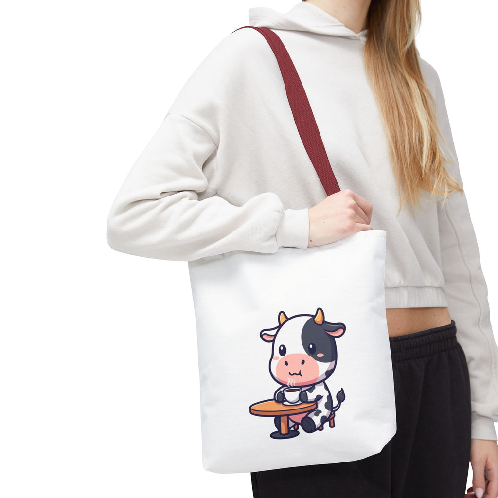 Cute Cow Sitting at Table Tote Bag — Kawaii Farm Animal AOP Tote