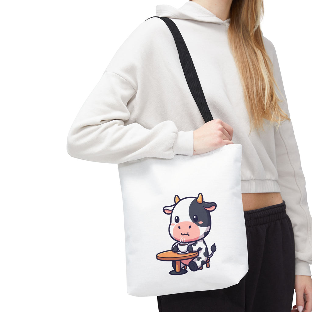 Cute Cow Sitting at Table Tote Bag — Kawaii Farm Animal AOP Tote