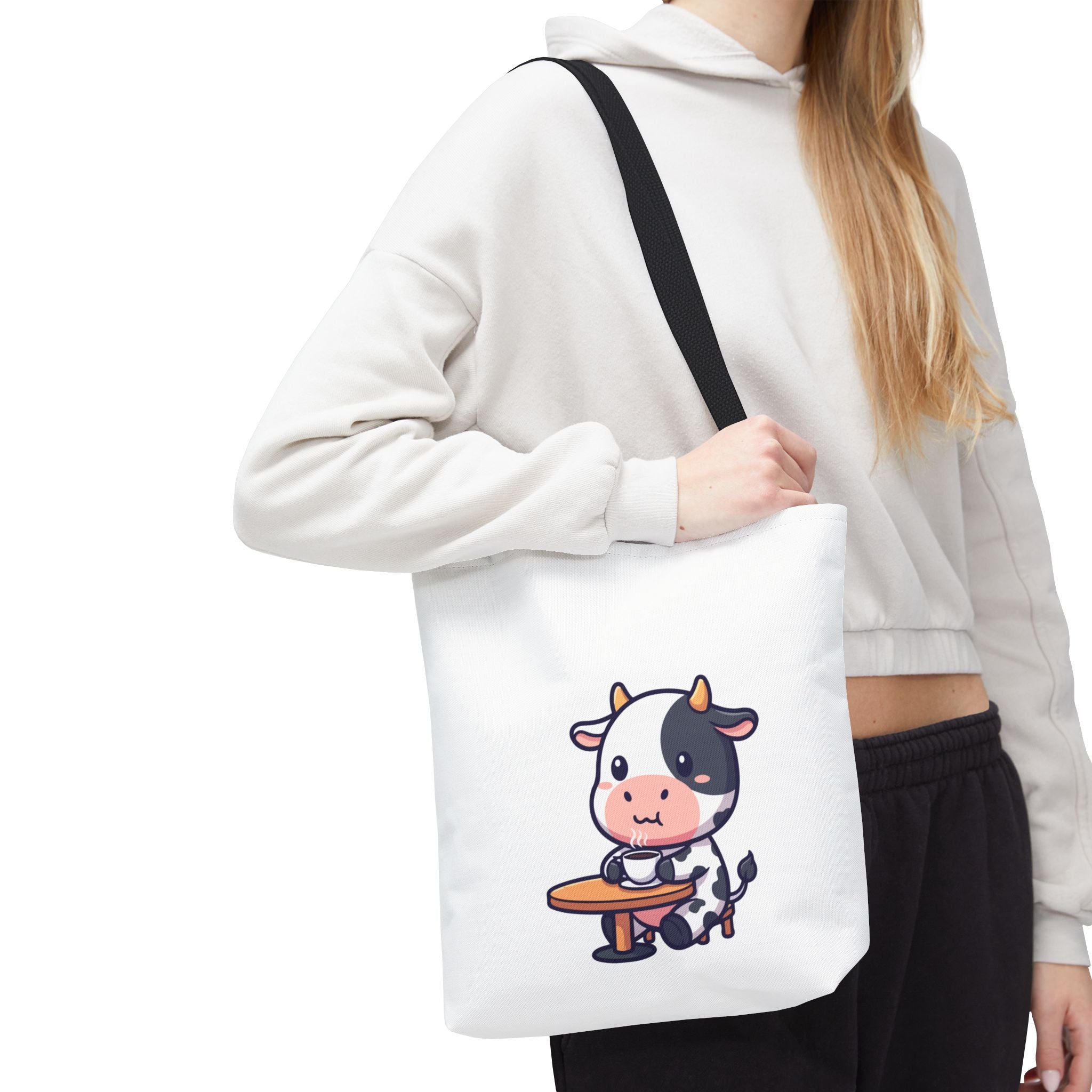 Cute Cow Sitting at Table Tote Bag — Kawaii Farm Animal AOP Tote
