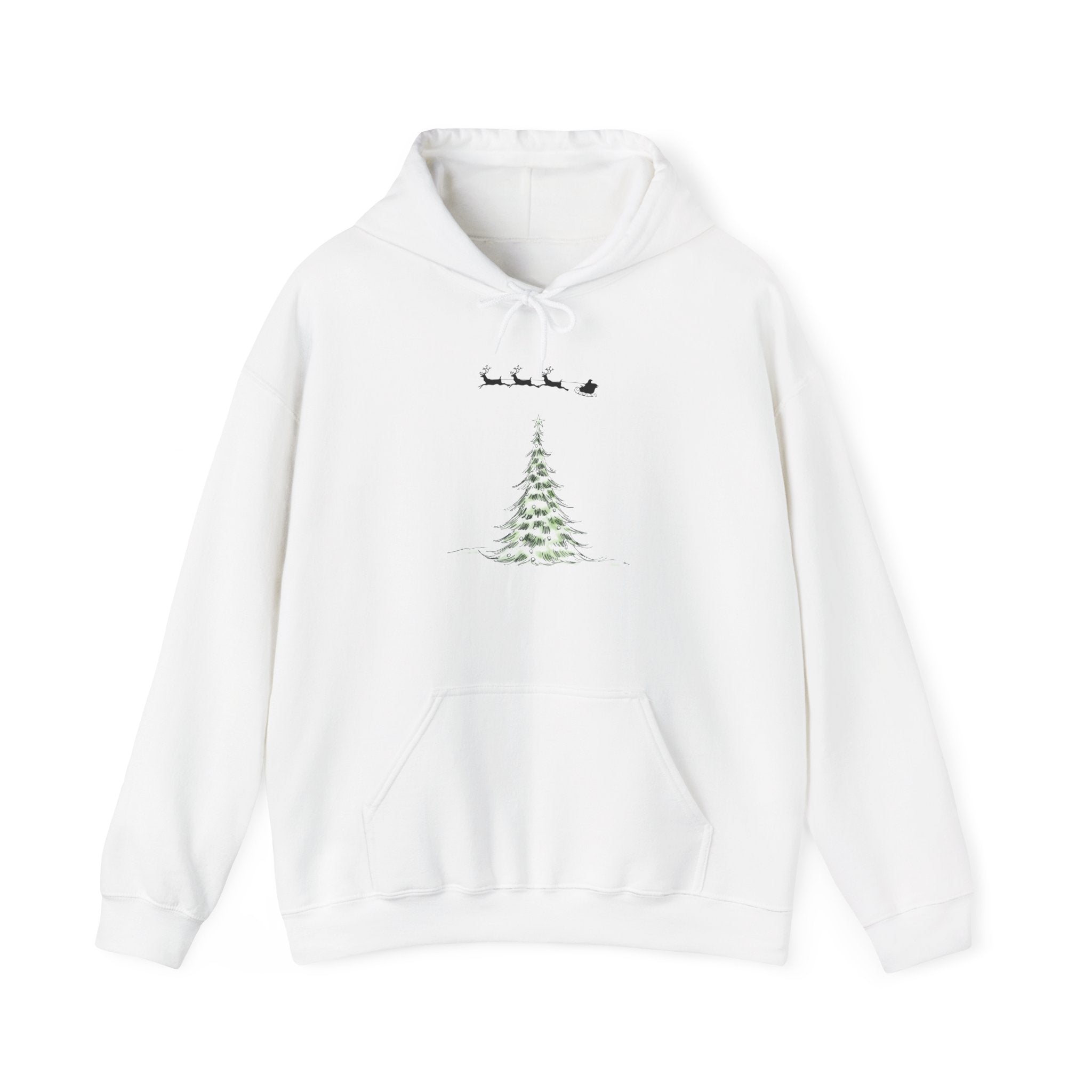 Christmas Tree Hoodie — Minimal Holiday Sweatshirt with Santa Sleigh Design